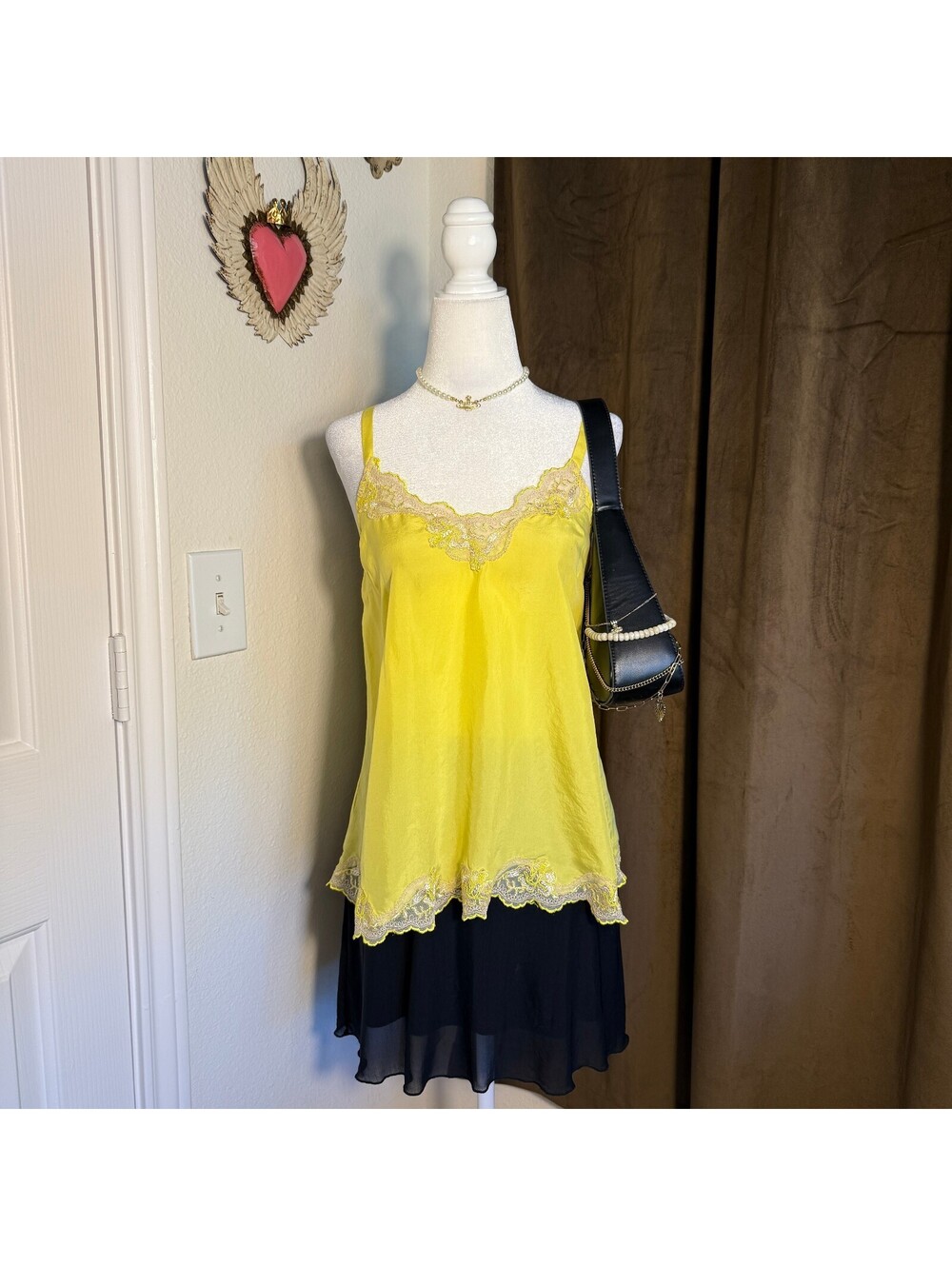 Express Silk Cami Top Bella Swan Banana Yellow Lace Trim Y2K Fairycore Sz Small